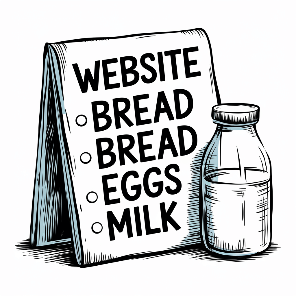 A shopping list with the items in descending order: 'Website', 'Bread', 'Eggs', 'Milk'. The list is illustrated with a pencil sketch style.