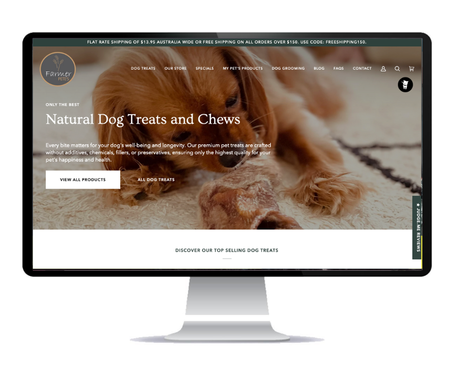 A computer monitor displaying a website for natural dog treats and chews.