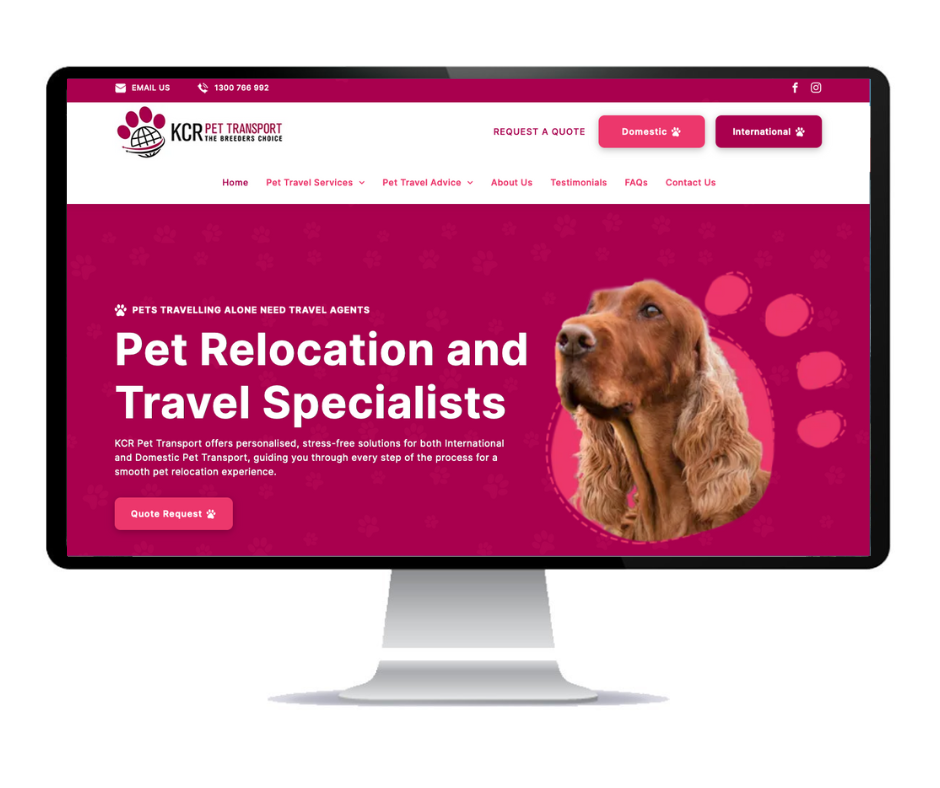 A computer screen shows a website for pet relocation and travel specialists.