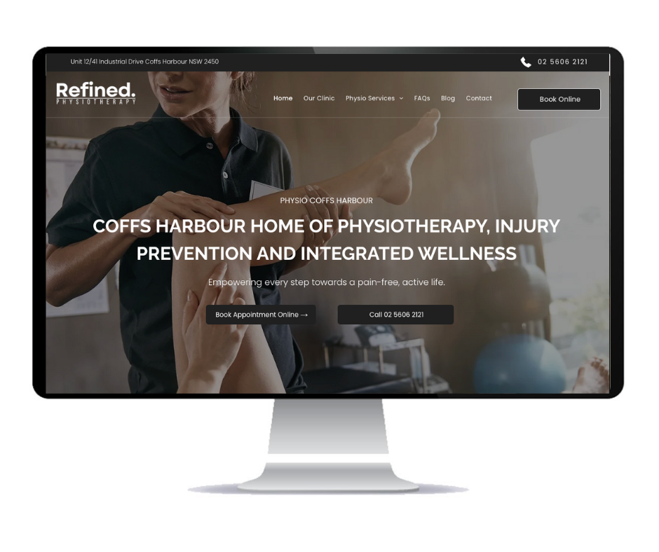 A computer monitor displaying a website for a physiotherapy company.