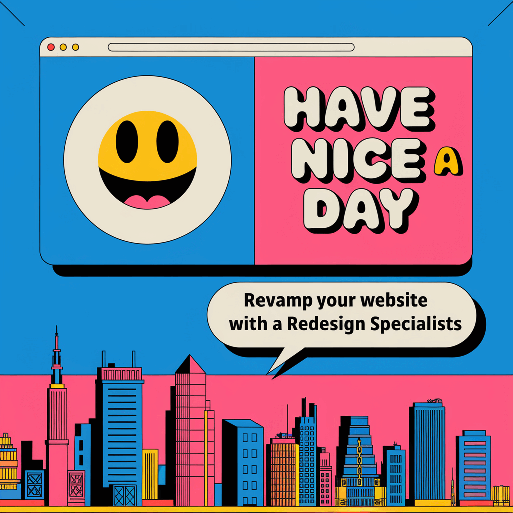 An illustration of a website with a 90s design, with a large blue background, a white circle with a yellow smiley face, and the text 