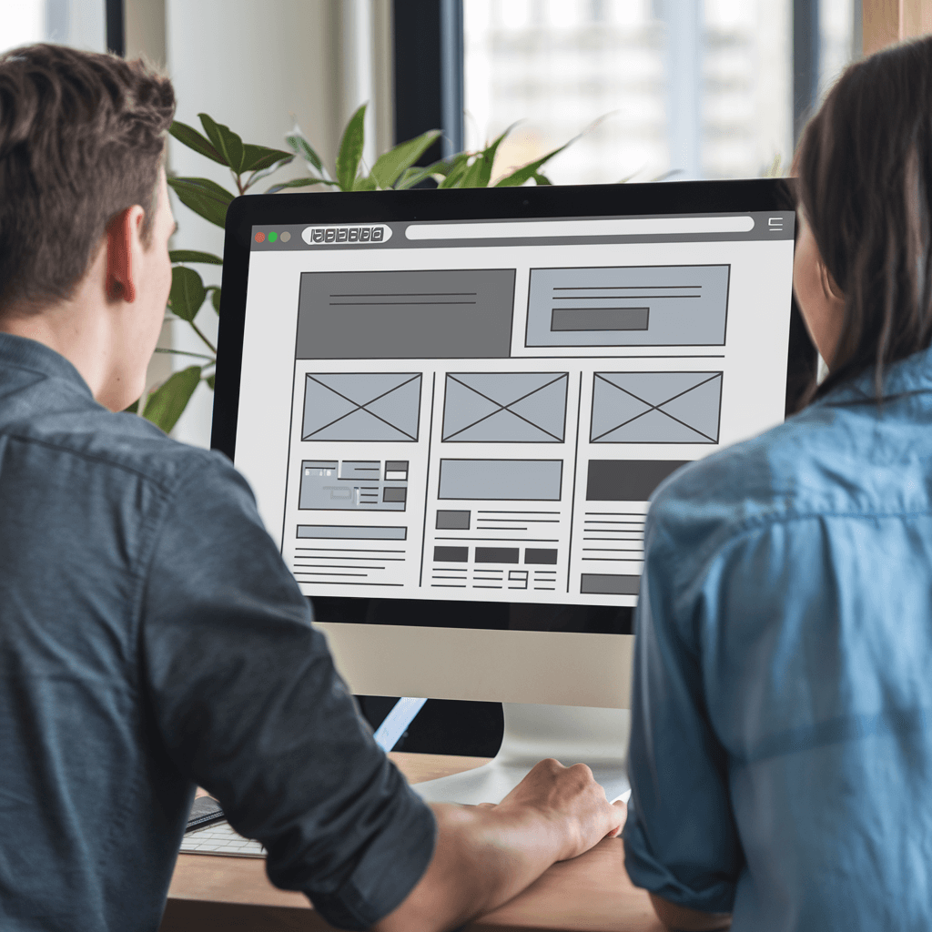 Two people looking at a Web Design layout for a Small Businesses on a desktop.