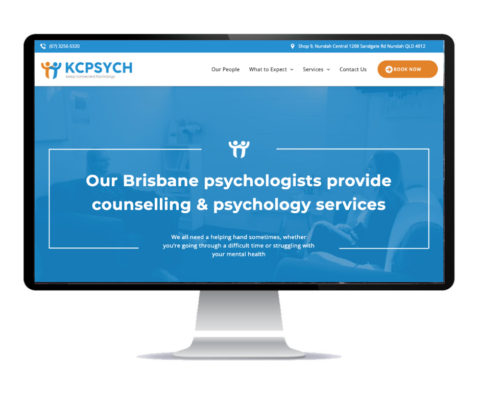 A computer monitor displaying a website for brisbane psychologists providing counselling and psychology services.