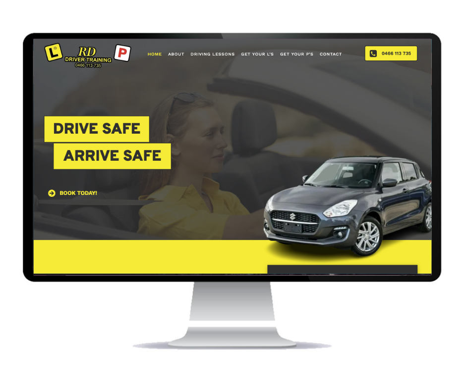 A computer monitor displaying a website for a driving school.