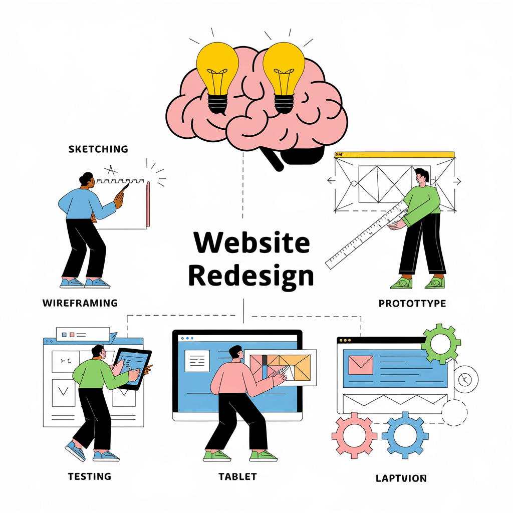 A website redesign process illustration with multiple stages. 