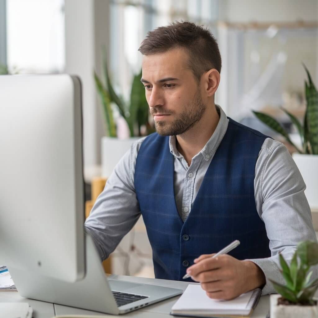 professional web redesign specialist sitting at a desk, focusing on a computer screen.