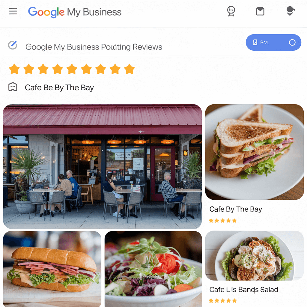 screen shot of a Google My Business page with multiple 5-star reviews. There's a photo of a cafe with a few customers sitting at tables outside.