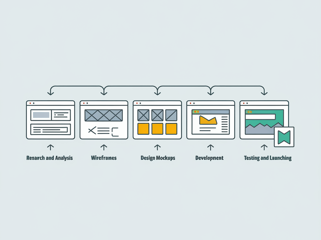 A step-by-step illustration of the website redesign process. Each step is represented by a box. The boxes are arranged in a horizontal line. The steps are: research and analysis, wireframes, design mockups, development, and testing and launching.