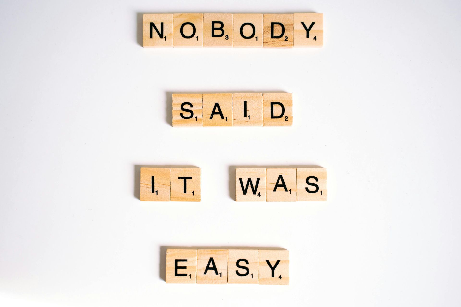 Scrabble tiles font that say 'nobody said it was easy'