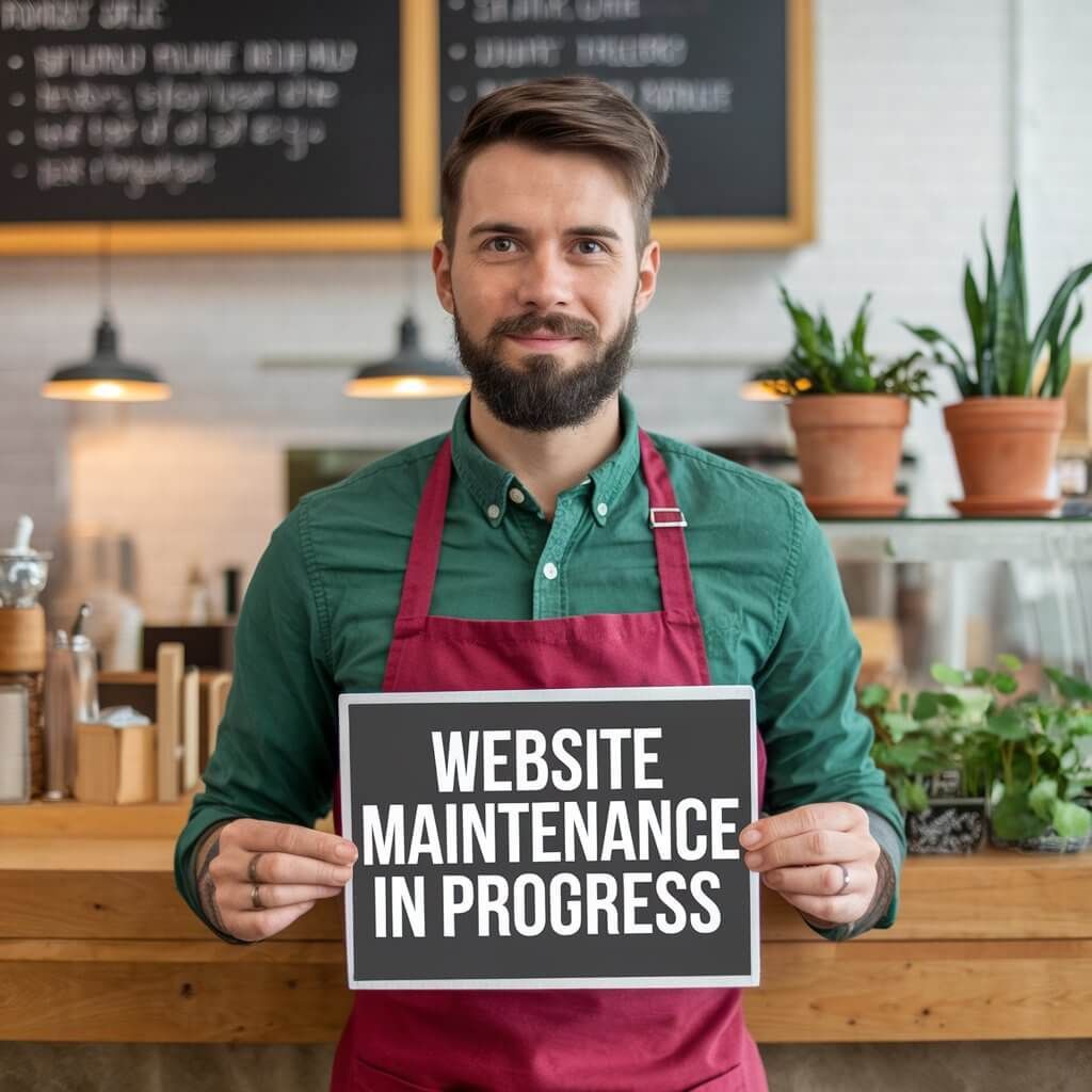 A man in an apron is holding a sign that says website maintenance in progress.