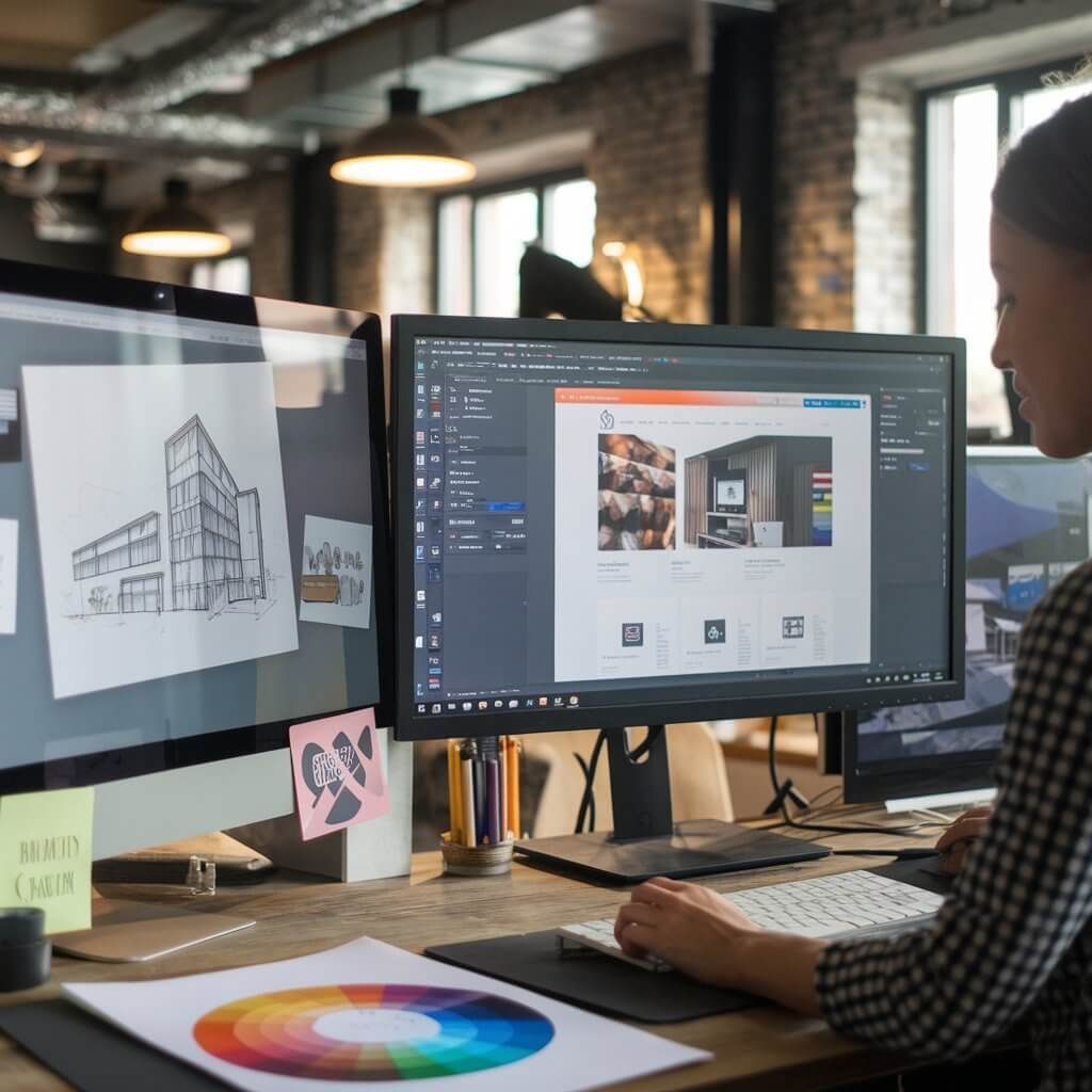 Woman working on a desktop computer. Desktop has multiple monitors, with one displaying a website.