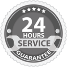 A black and white 24 hours service guarantee badge with a wrench.