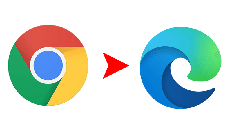 Logo Google Chrome met een pijl die wijst naar het logo van Microsoft Edge