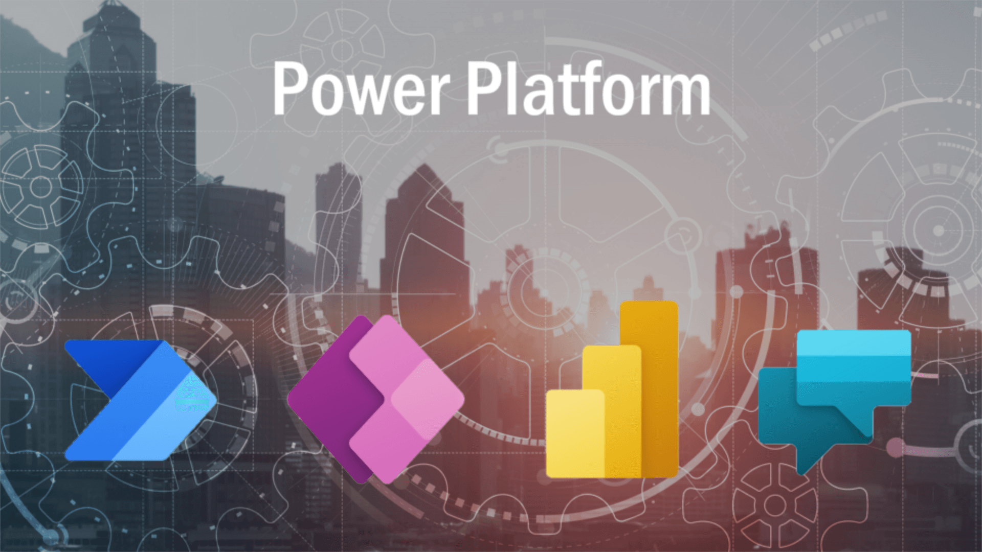 Skyline van een stad met op de voorgrond de logo's van de Power Platform apps