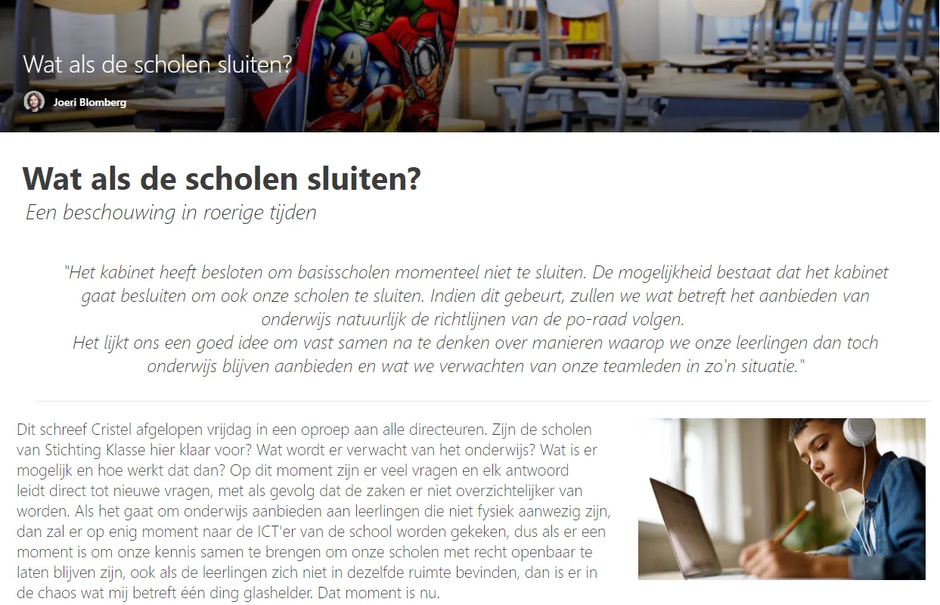 Eerste pagina van SharePointpost: Wat als de scholen sluiten?