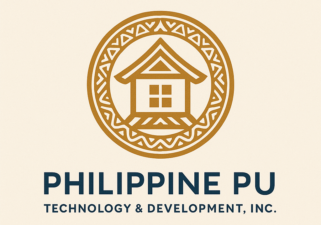 Philippine PU logo: Golden stylized house within a circle, with text 
