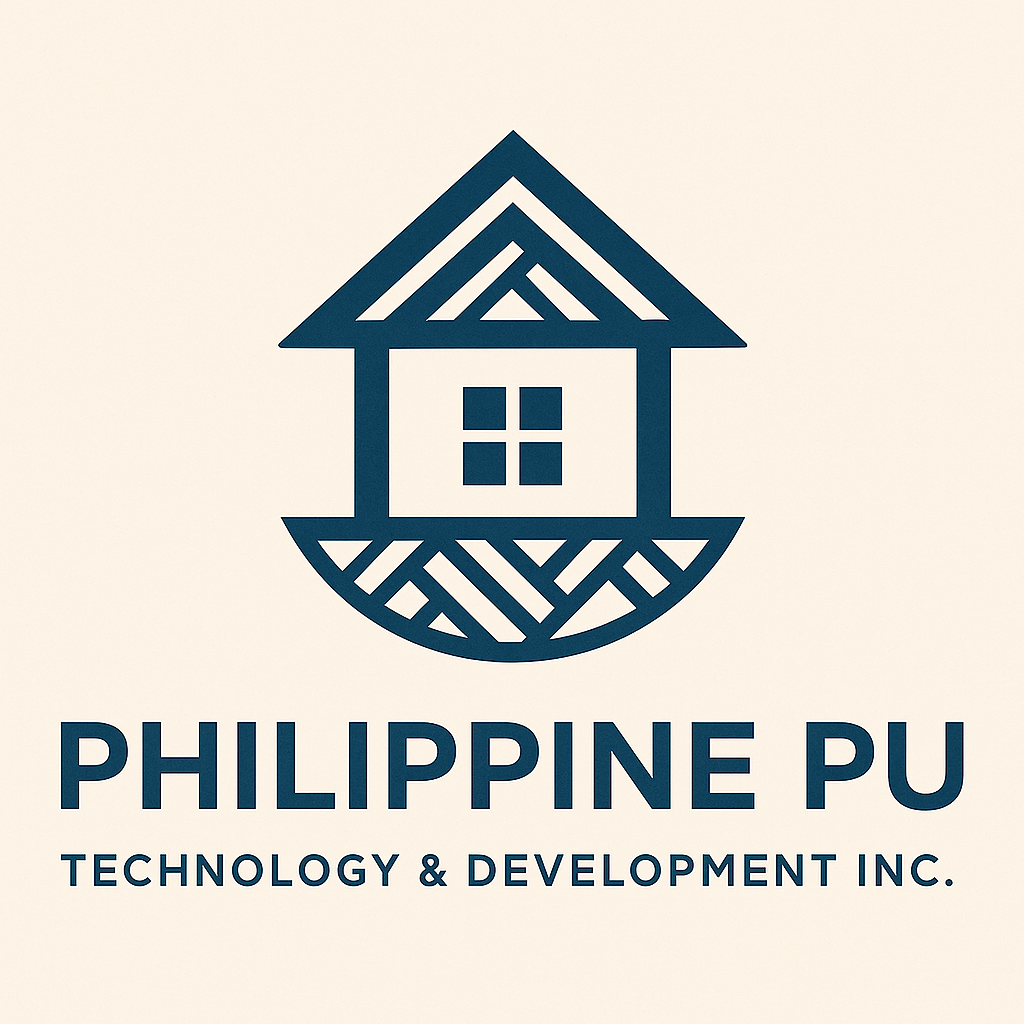 Philippine PU logo: Golden stylized house within a circle, with text