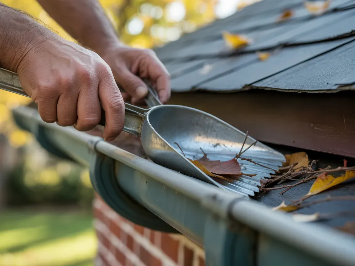 Person cleaning a gutter with a scoop, removing leaves from a roof.