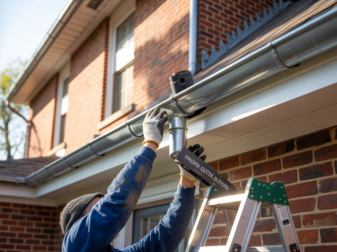 A person installing a gutter on a brick house, standing on a ladder.