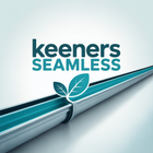 Keeners Seamless logo with blue text and gutter with water, leaves.
