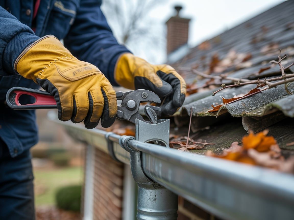 Person with yellow gloves using pliers to repair a gutter filled with leaves.