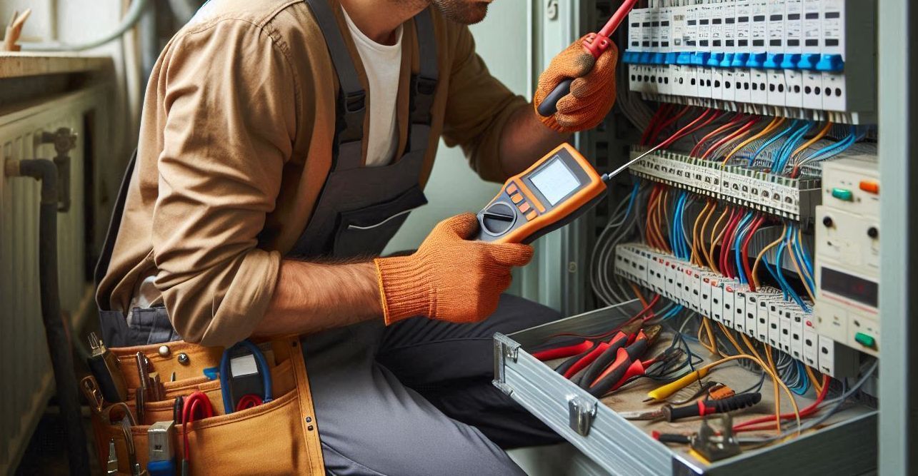 Professional electrician, inspecting and working on a surge box.