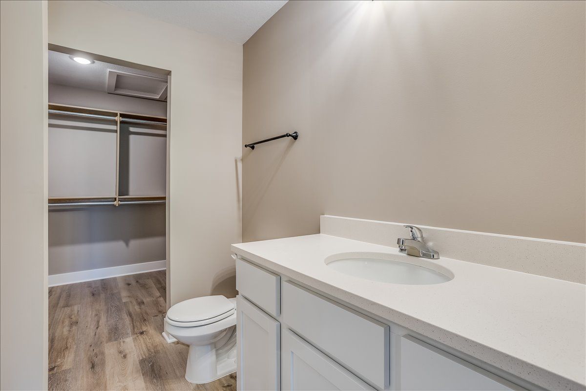 A bathroom with a sink , toilet and walk in closet.