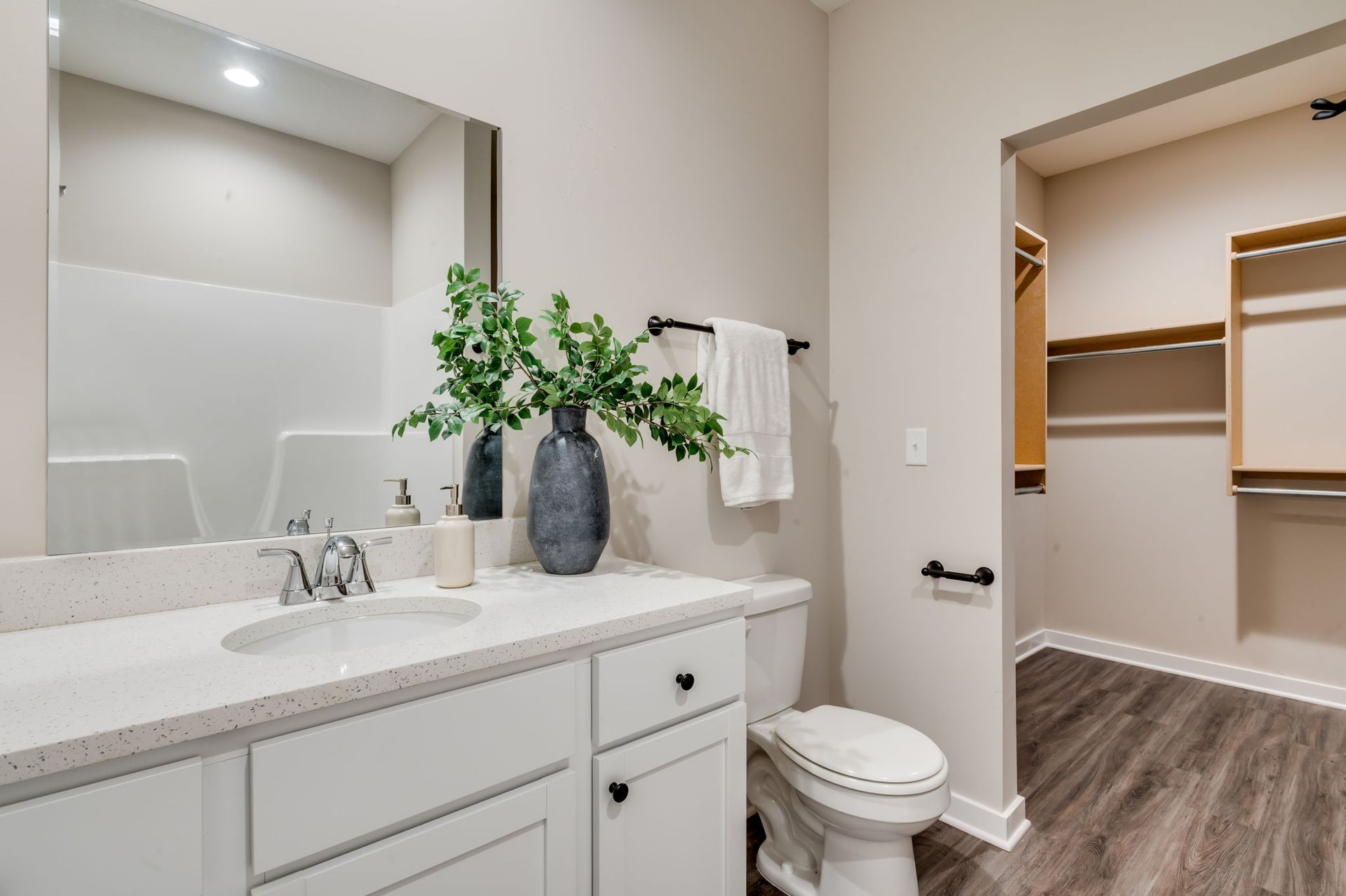 A bathroom with a toilet , sink , mirror and walk in closet.