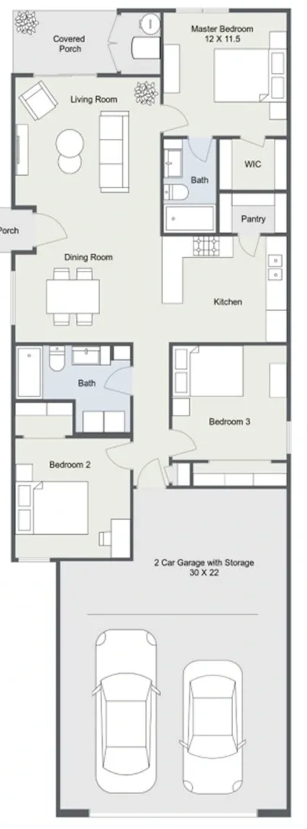 A floor plan of a house with a car parked in the garage.
