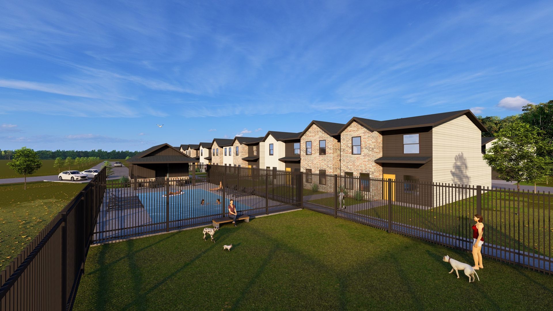 An artist 's impression of a dog park in front of a row of houses.