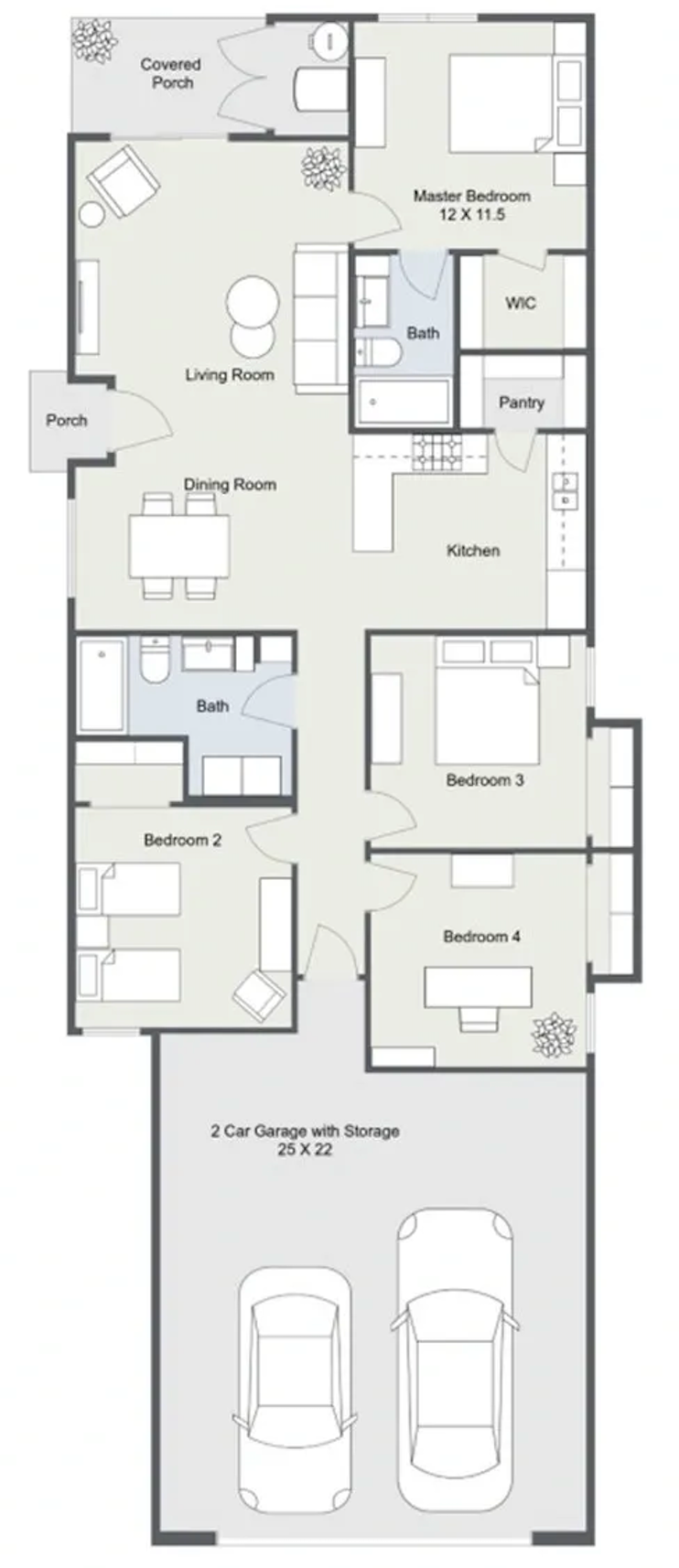 A floor plan of a house with two cars in the garage