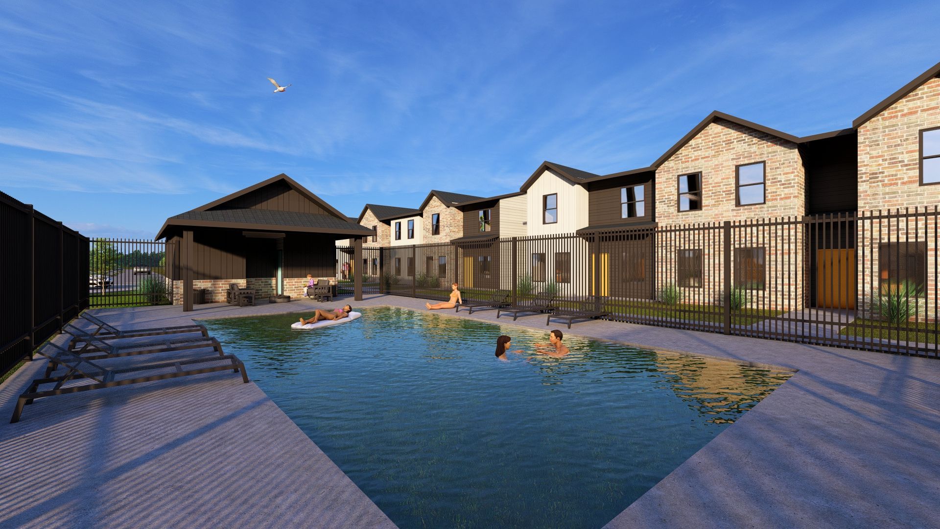 An artist 's impression of a swimming pool in front of a row of houses.