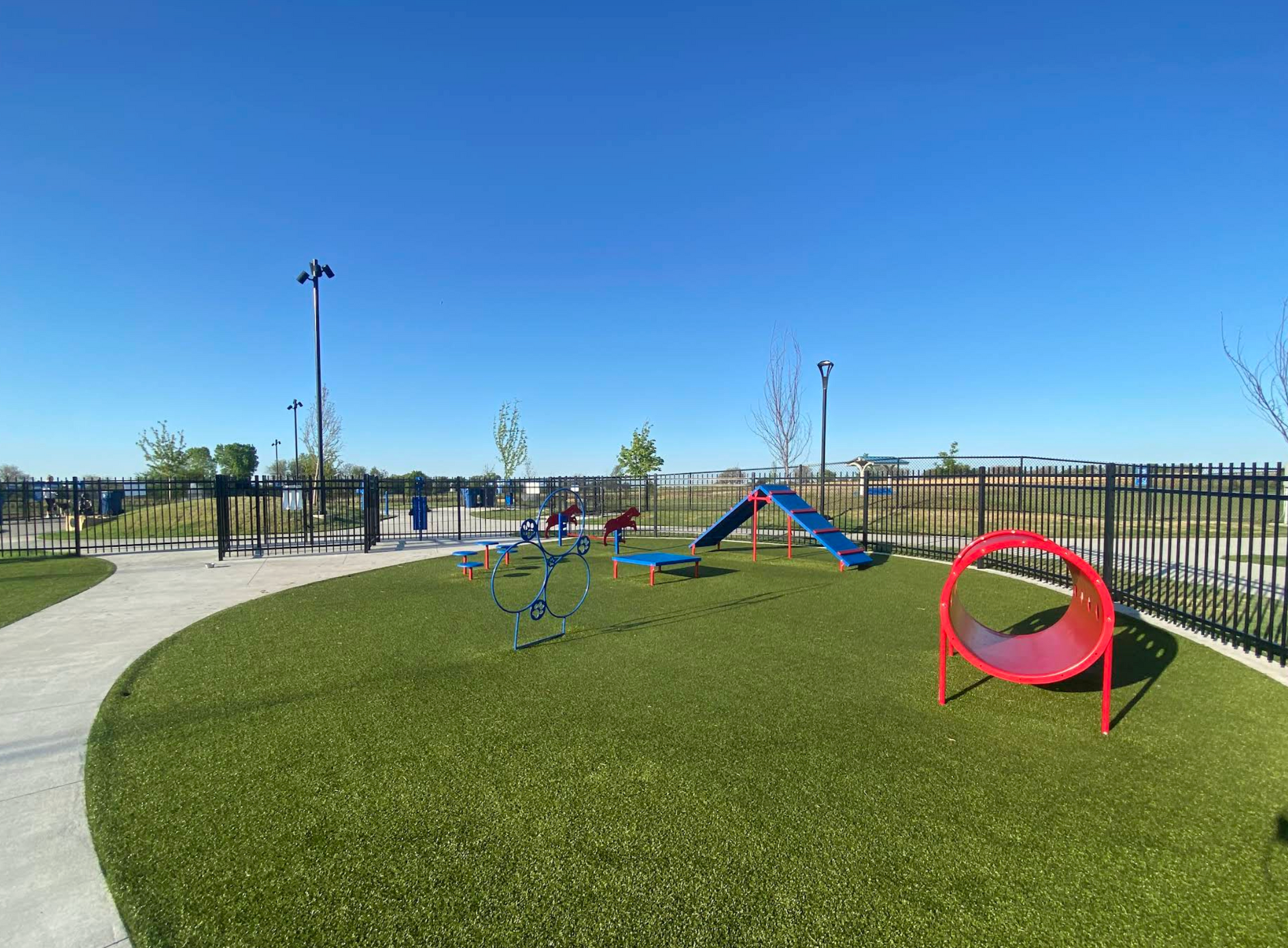 A dog park with a red tunnel and a blue slide.