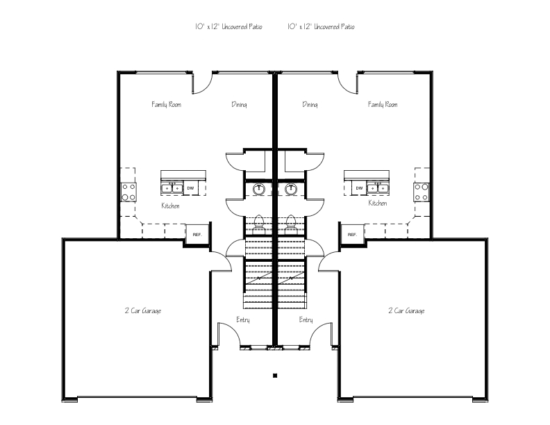 A black and white floor plan of a house with two bedrooms and a staircase.