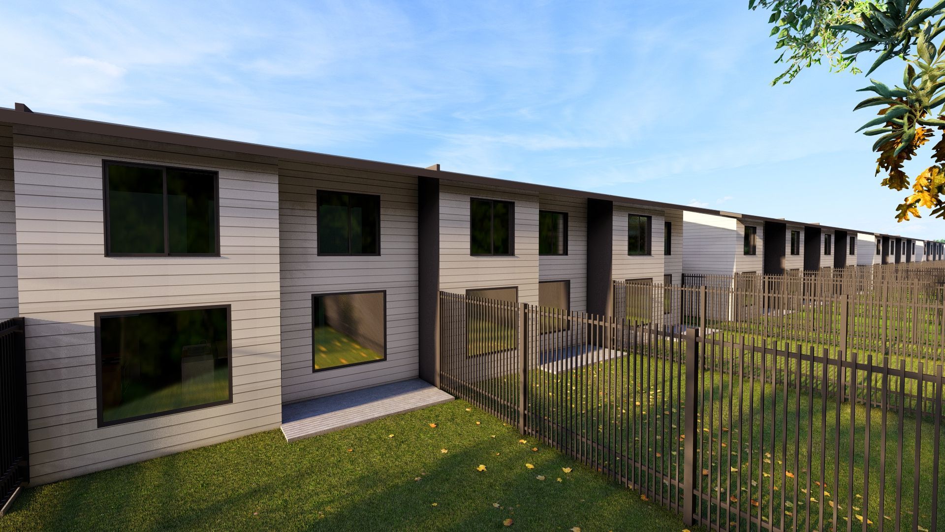 An artist 's impression of a row of houses with a fence in front of them.