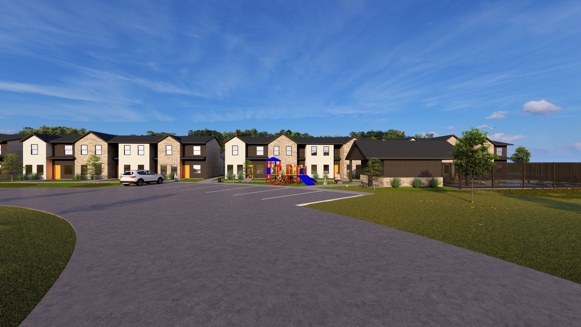 An artist 's impression of a row of houses and a playground.