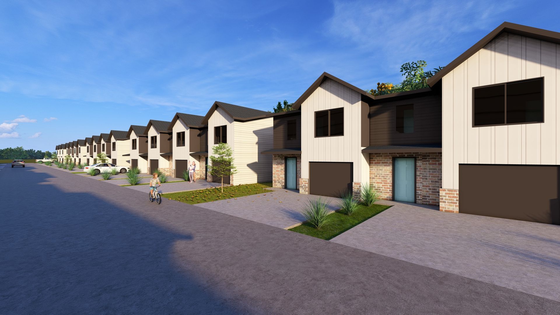 An artist 's impression of a row of houses on a street.