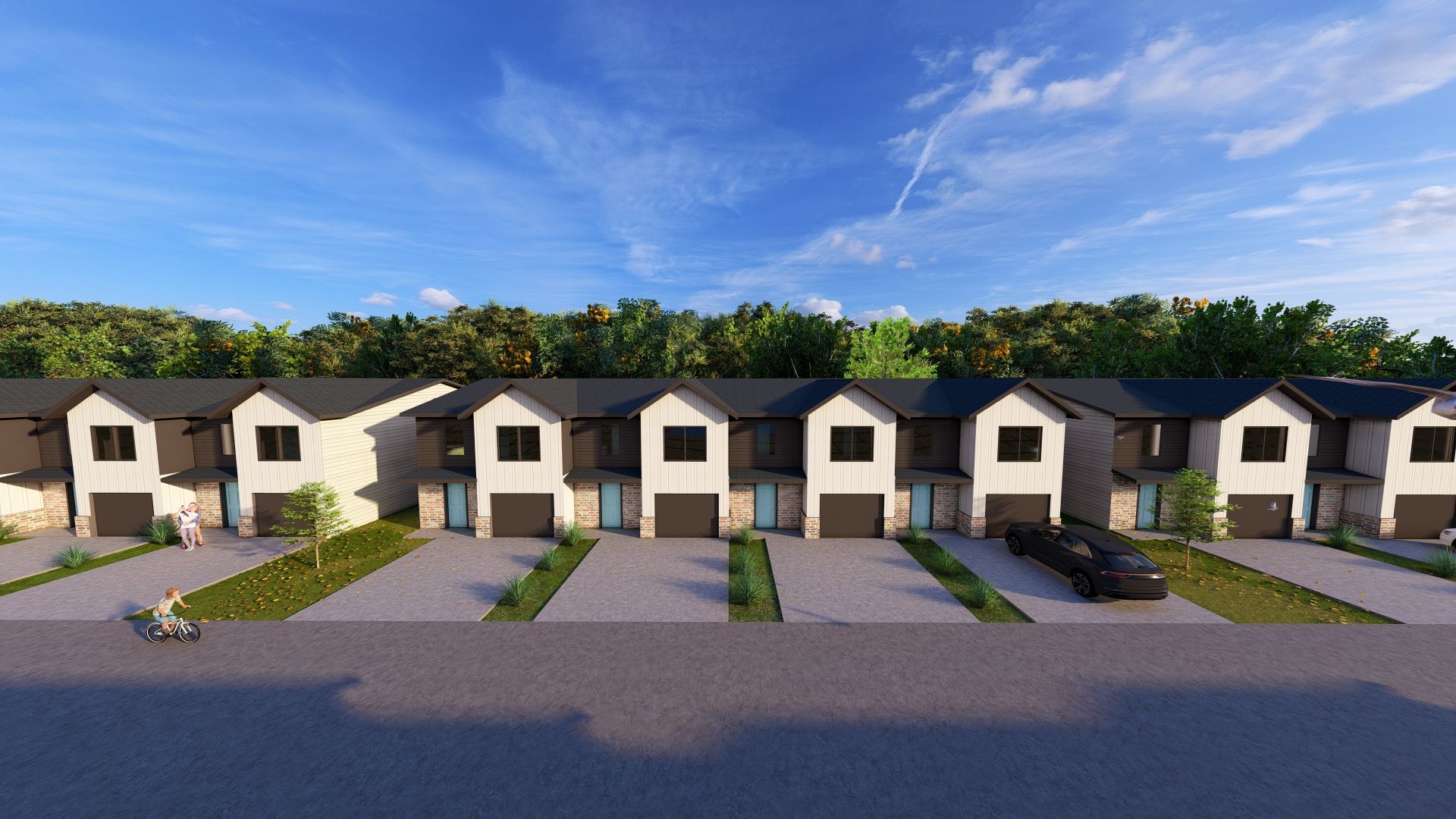 An artist 's impression of a row of houses with cars parked in front of them.