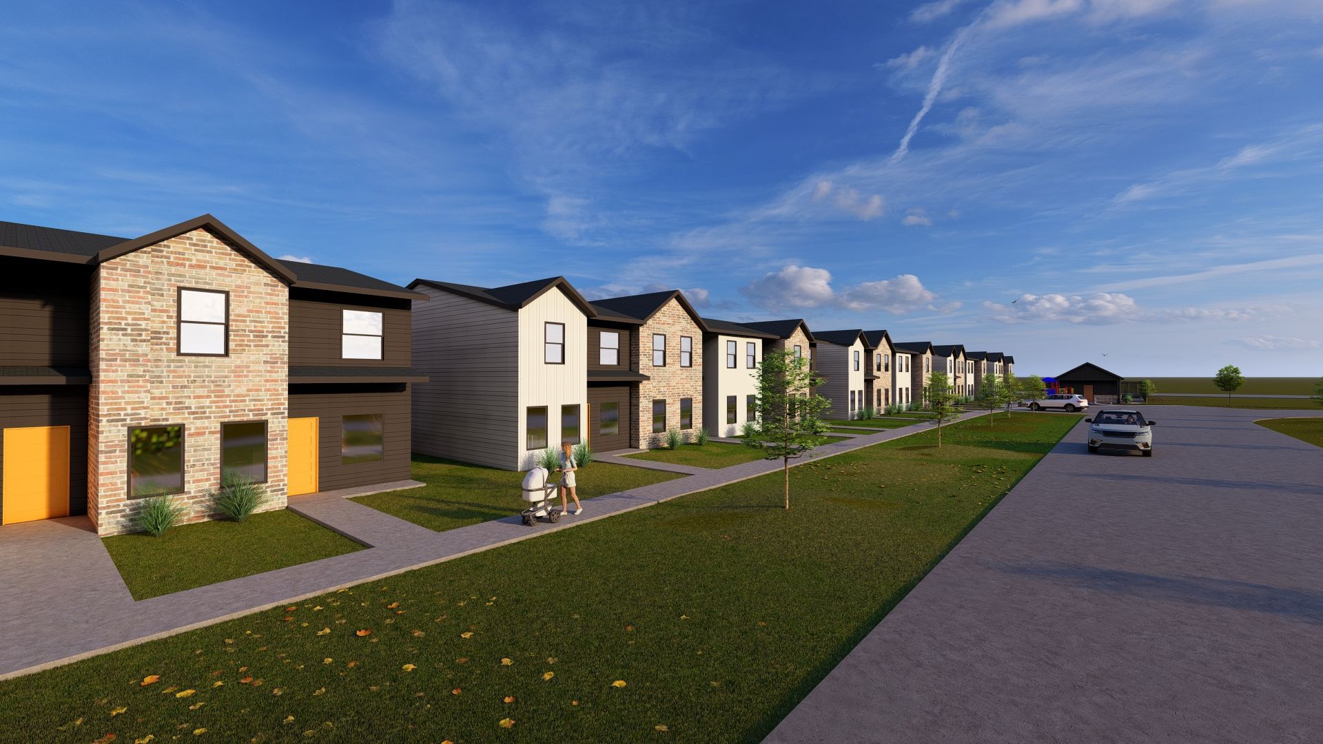 An artist 's impression of a row of houses on a residential street.