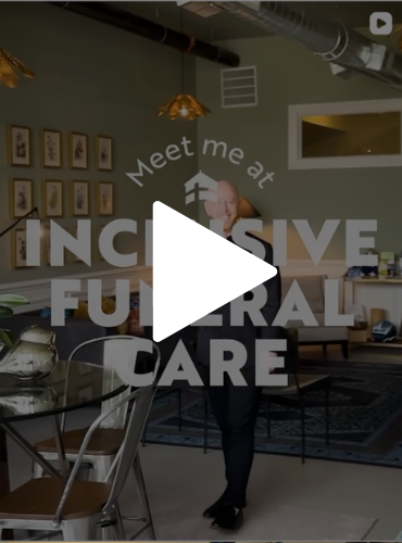 Woman standing in a café with overlaid text: “Meet me at Inclusive Funeral Care.”