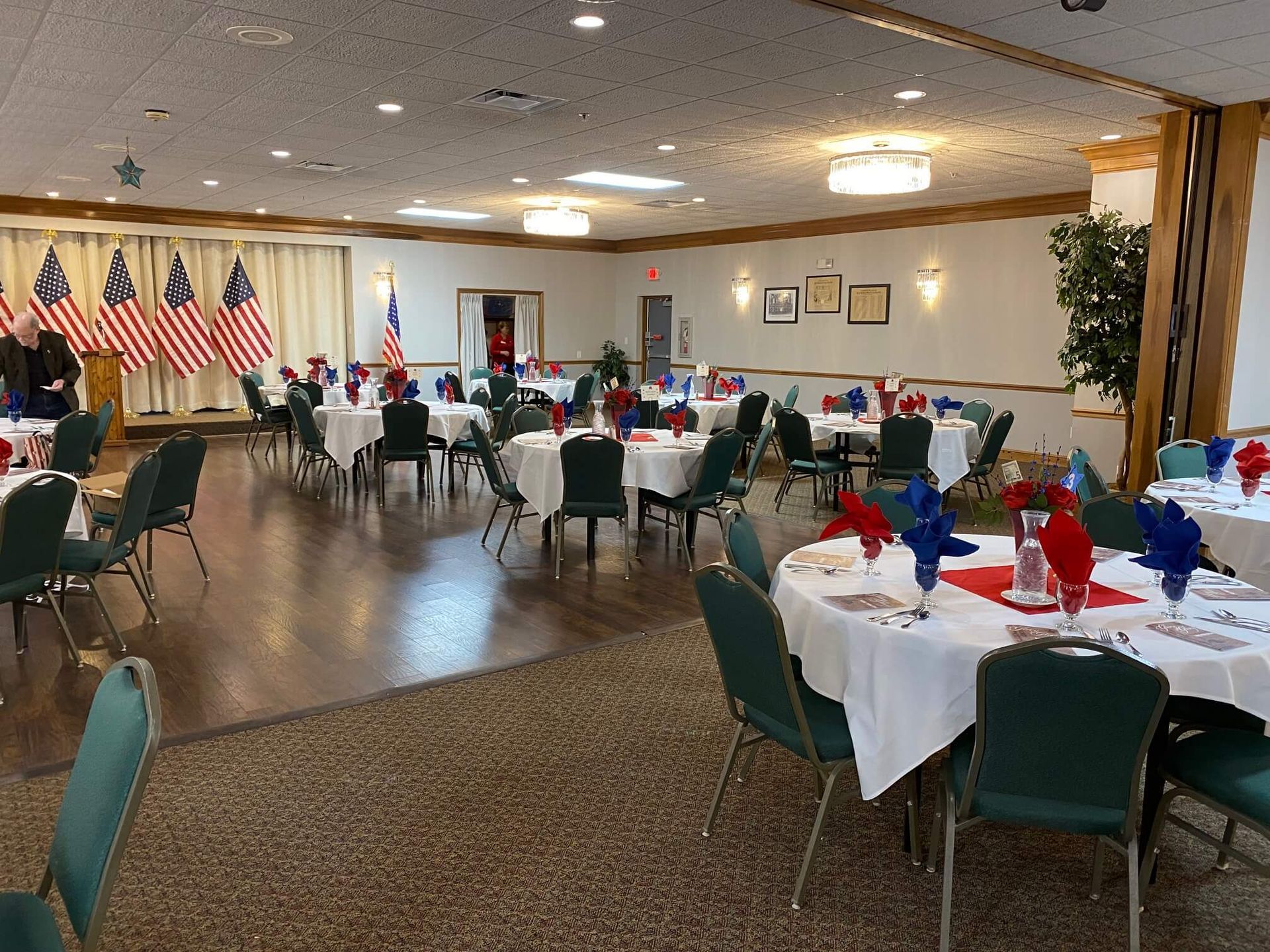 Elks Ballroom Tables and Dancefloor, red, white, and blue decor