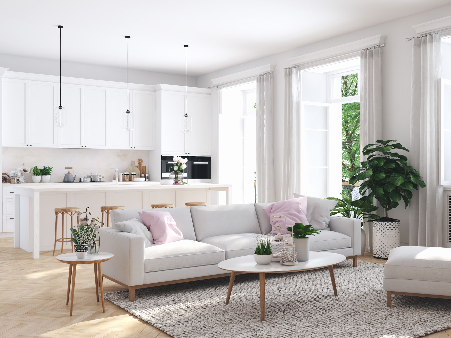 Bright white open-concept living space with a kitchen, sofa, and a large window.