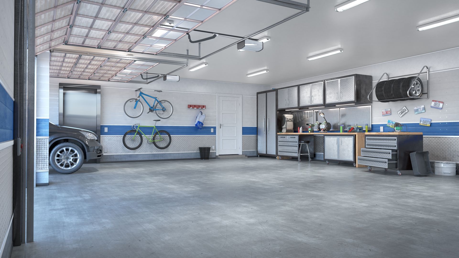 Spacious, organized garage interior with car, bikes, work station, storage cabinets, and blue accent stripes.