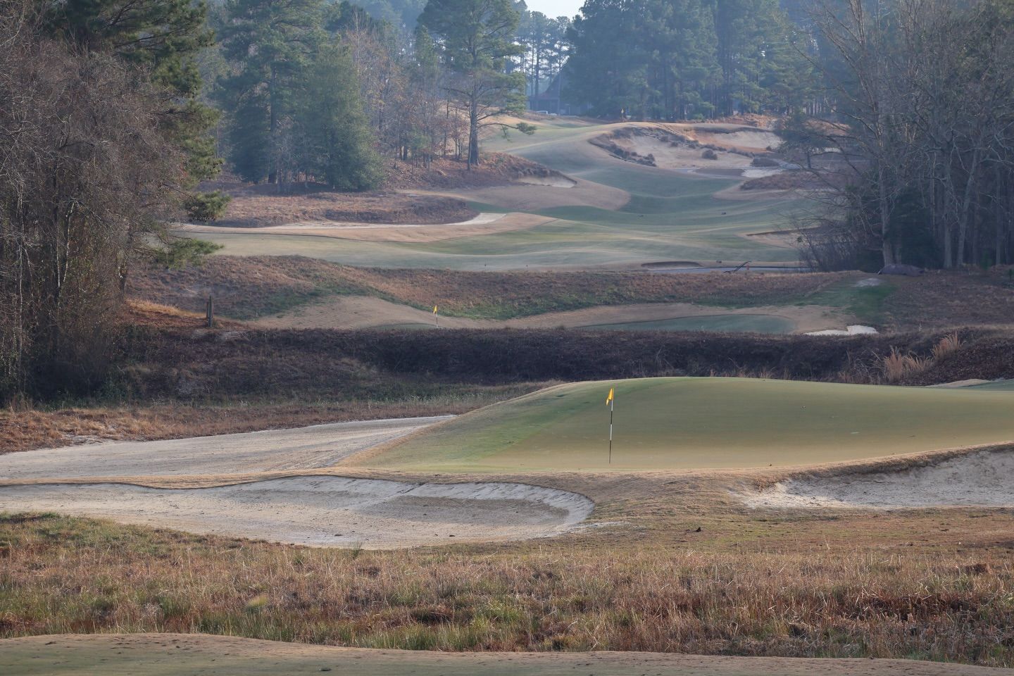 Golf course fairway with bunkers and trees on a misty day.