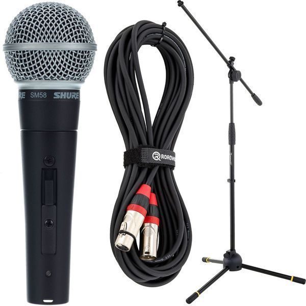 A shure microphone with a cable and a stand