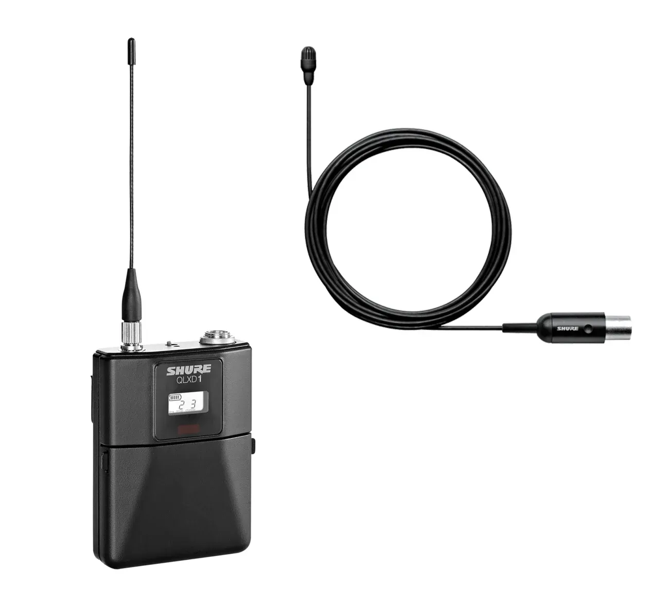 A wireless microphone with a cable attached to it on a white background.