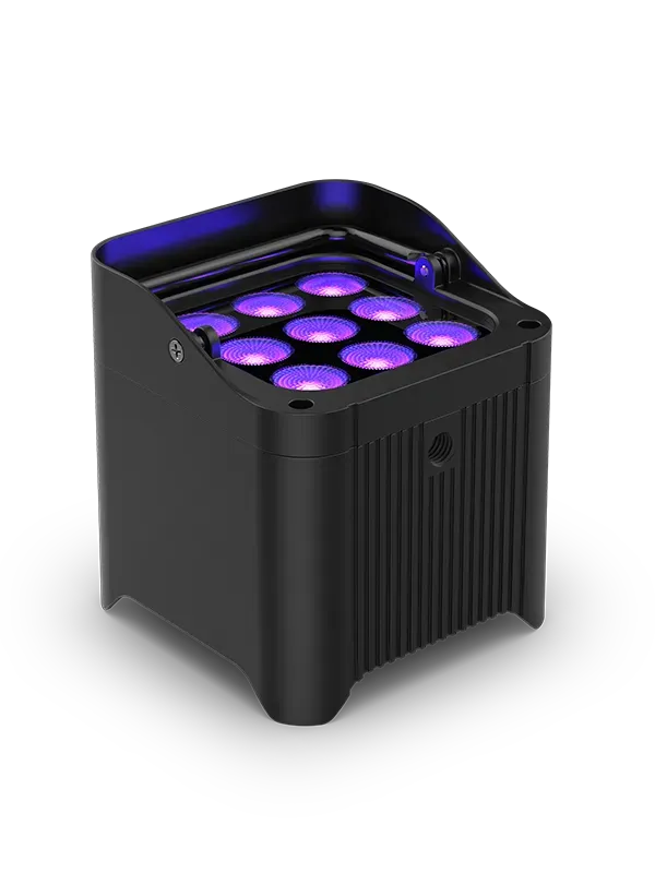 A wireless uplight with purple lights inside of it on a white background.