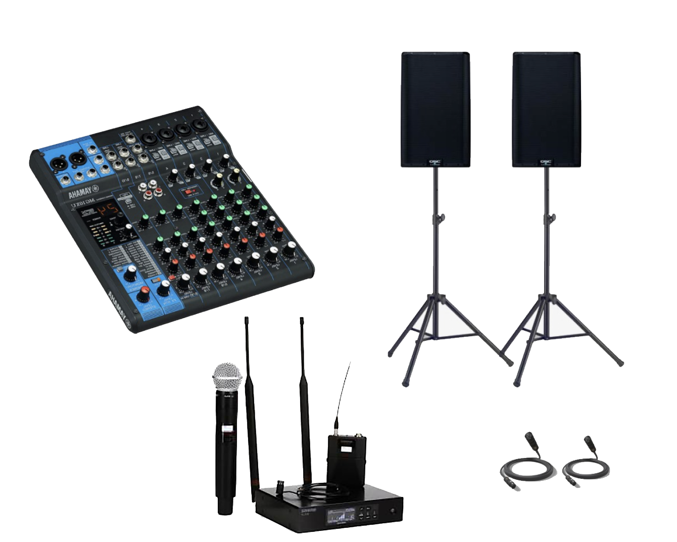 A mixer , two speakers , a microphone , and a wireless system.