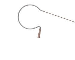 A close up of a wire with a wooden handle on a white background.