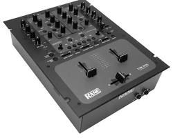 A black dj mixer is sitting on a white surface.